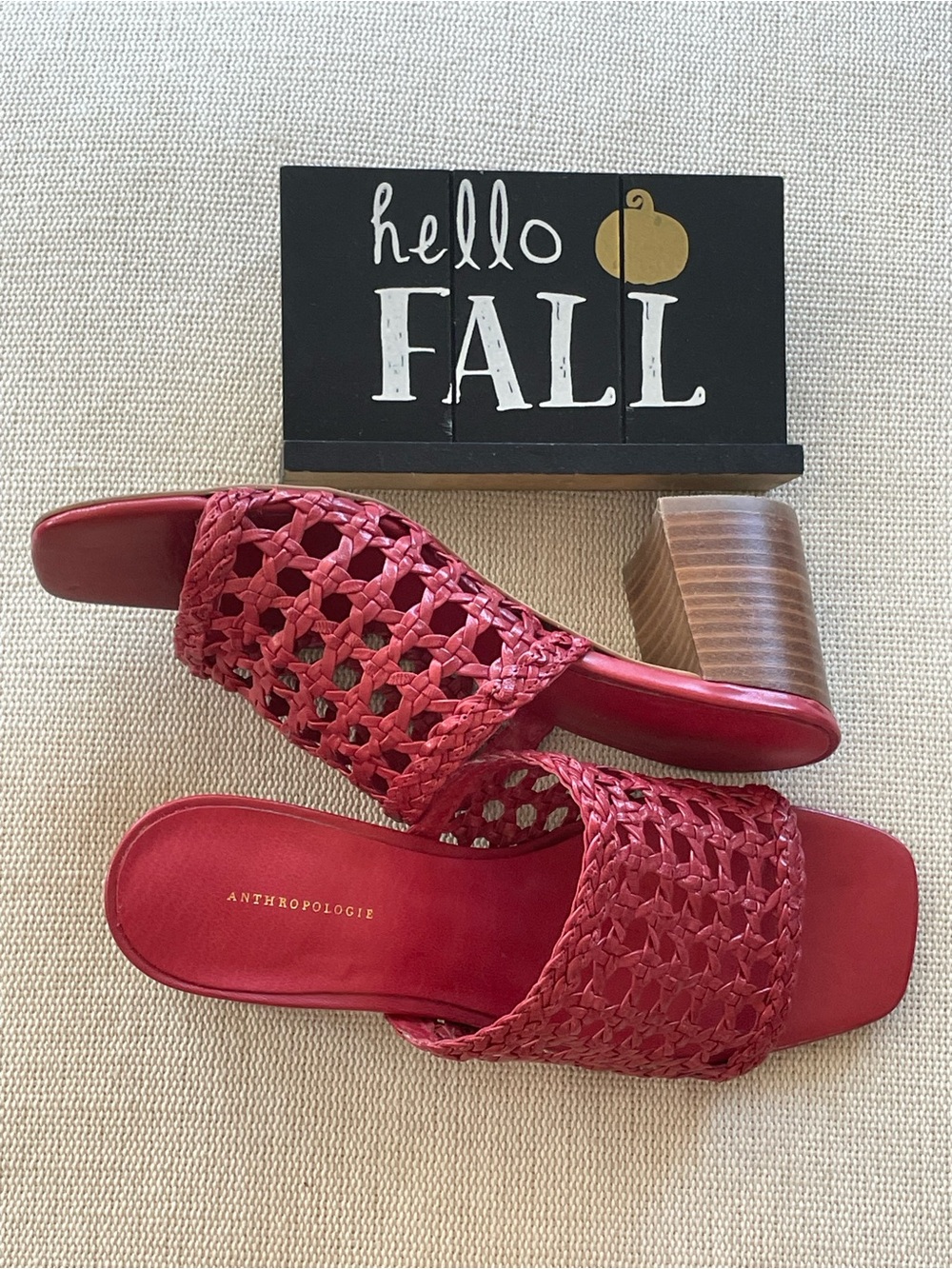 Anthropologie Red Woven Slide Mules with Stacked Heel